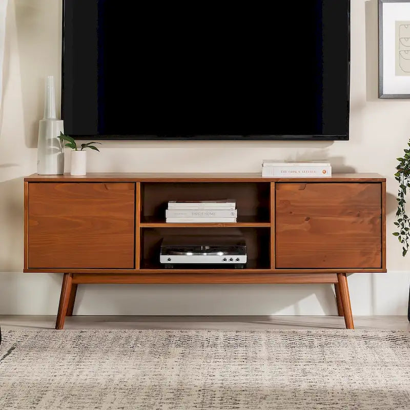 Meuble TV en bois massif 58 pouces, style Mid-Century