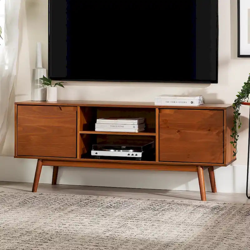 Meuble TV en bois massif 58 pouces, style Mid-Century