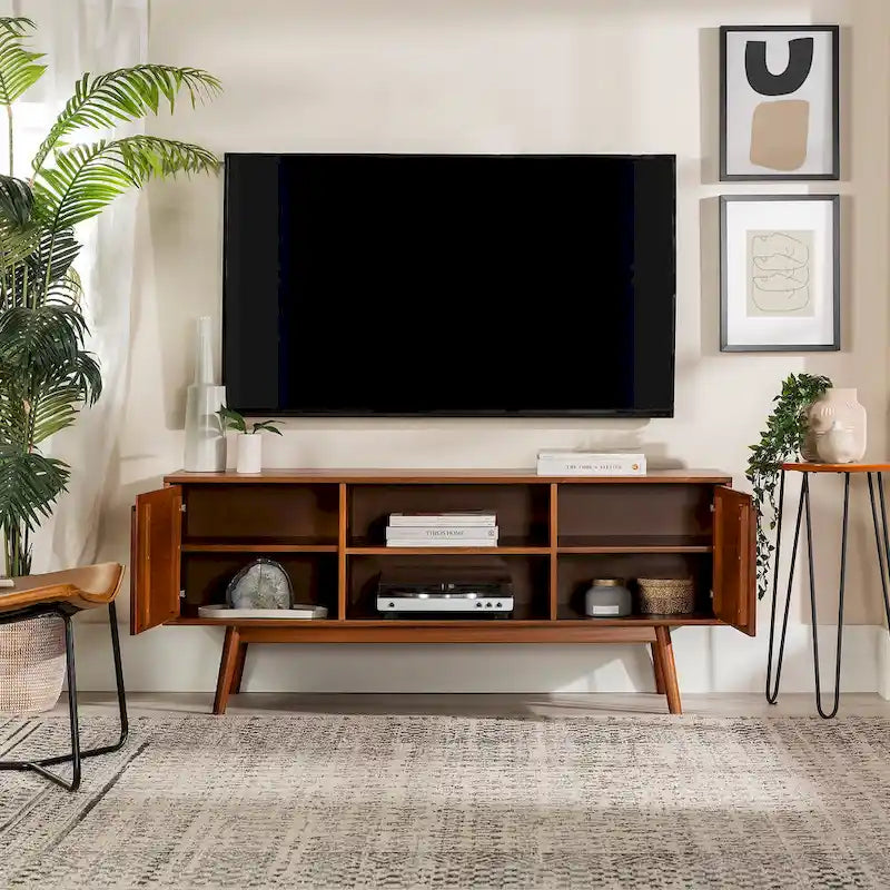 Meuble TV en bois massif 58 pouces, style Mid-Century