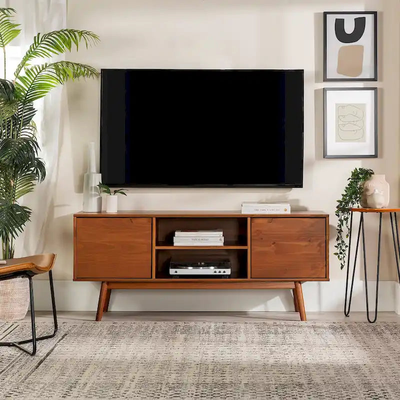 Meuble TV en bois massif 58 pouces, style Mid-Century