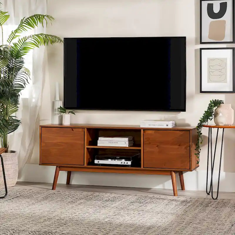 Meuble TV en bois massif 58 pouces, style Mid-Century