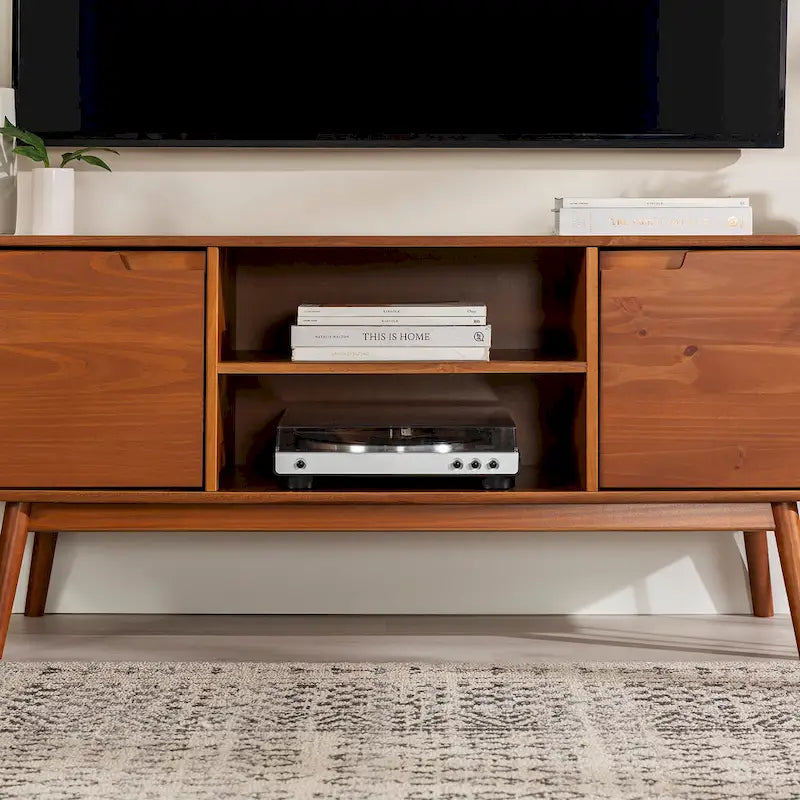 Meuble TV en bois massif 58 pouces, style Mid-Century