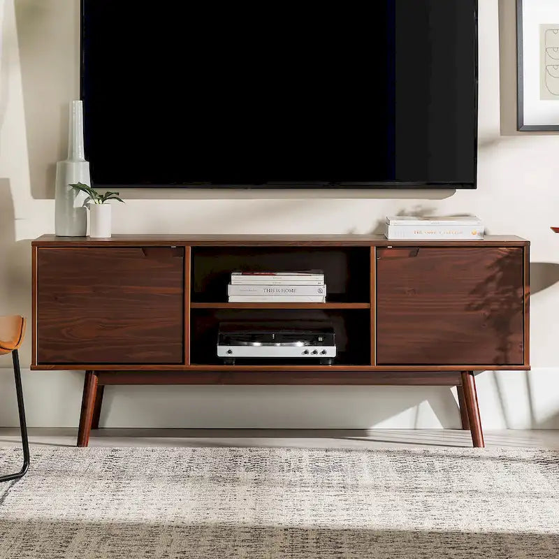 Meuble TV en bois massif 58 pouces, style Mid-Century