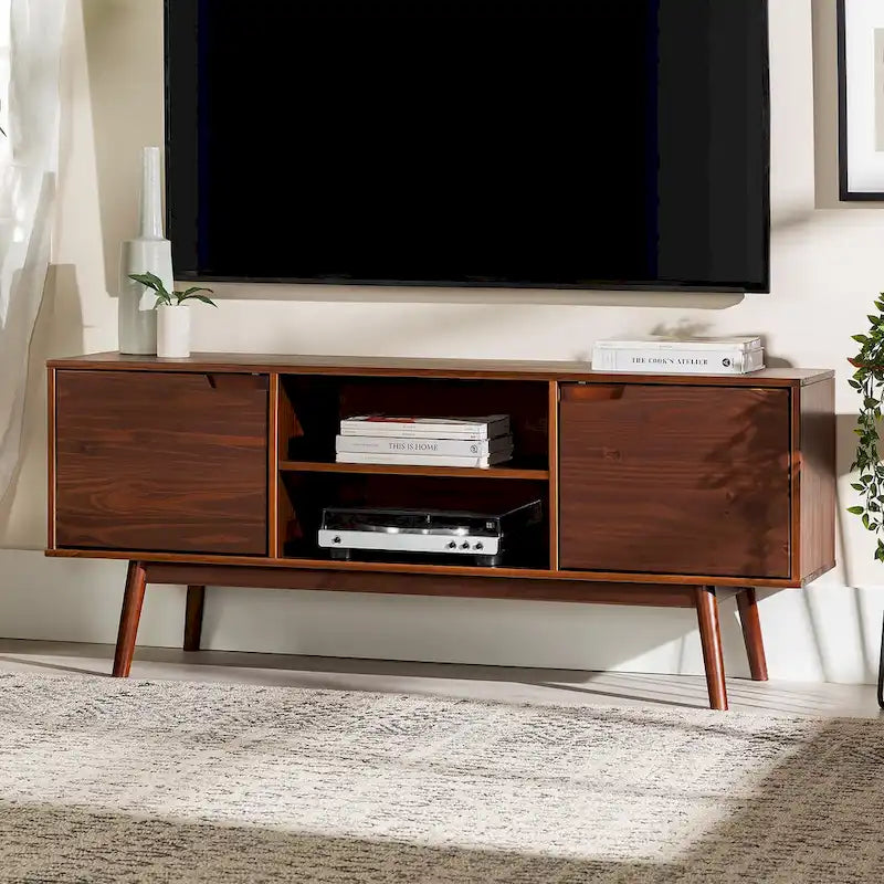 Meuble TV en bois massif 58 pouces, style Mid-Century