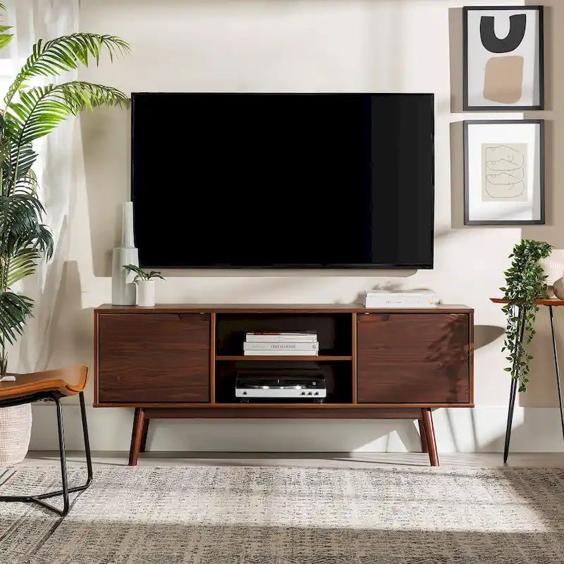 Meuble TV en bois massif 58 pouces, style Mid-Century