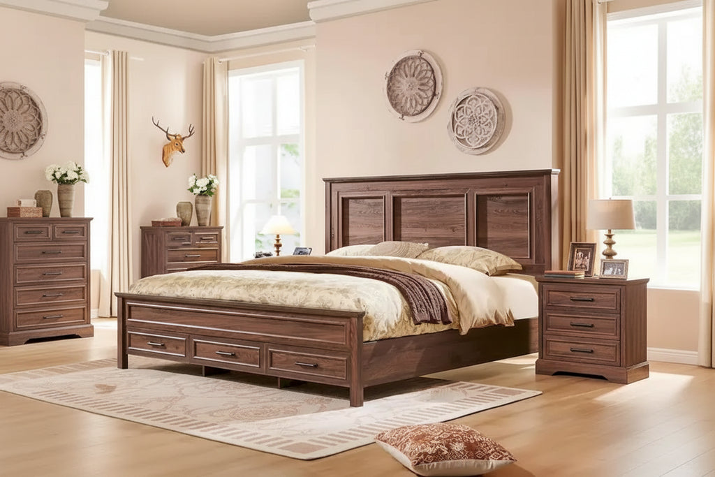 Lit Queen en bois style ferme avec tête et pied de lit de 52 po de hauteur