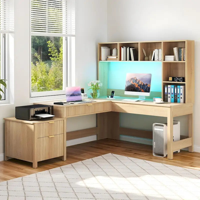 Bureau d'ordinateur en L avec étagère supérieure et tiroirs Bureau à domicile avec lumière LED et prises de courant