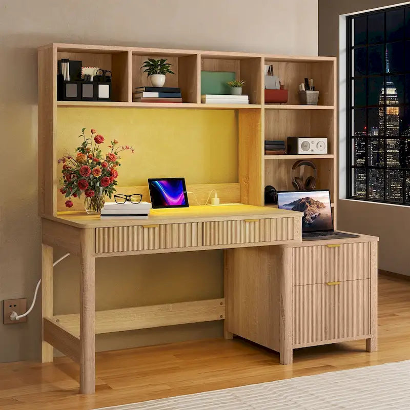 Bureau d'ordinateur en L avec étagère supérieure et tiroirs Bureau à domicile avec lumière LED et prises de courant