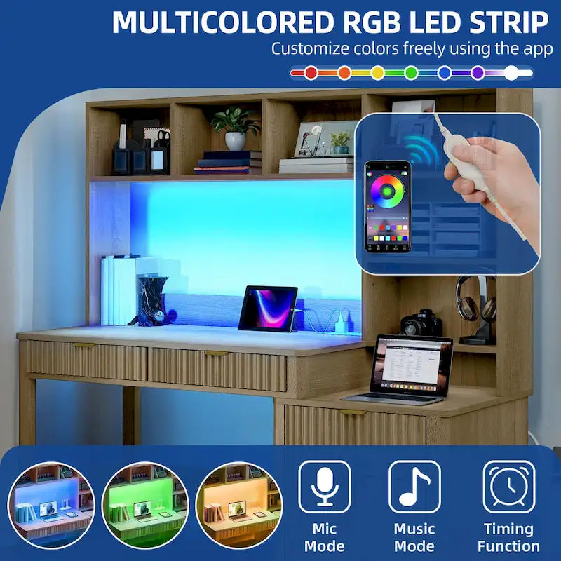 Bureau d'ordinateur en L avec étagère supérieure et tiroirs Bureau à domicile avec lumière LED et prises de courant