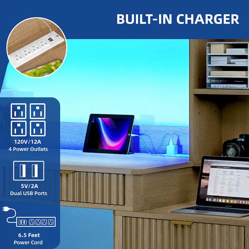 Bureau d'ordinateur en L avec étagère supérieure et tiroirs Bureau à domicile avec lumière LED et prises de courant