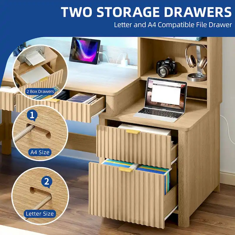 Bureau d'ordinateur en L avec étagère supérieure et tiroirs Bureau à domicile avec lumière LED et prises de courant