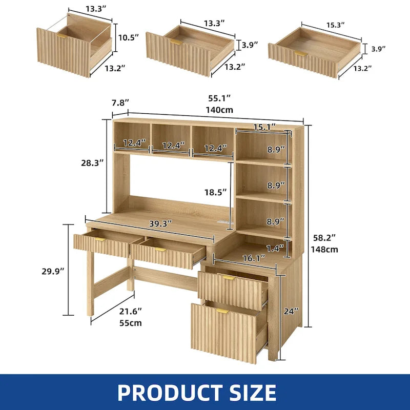 Bureau d'ordinateur en L avec étagère supérieure et tiroirs Bureau à domicile avec lumière LED et prises de courant