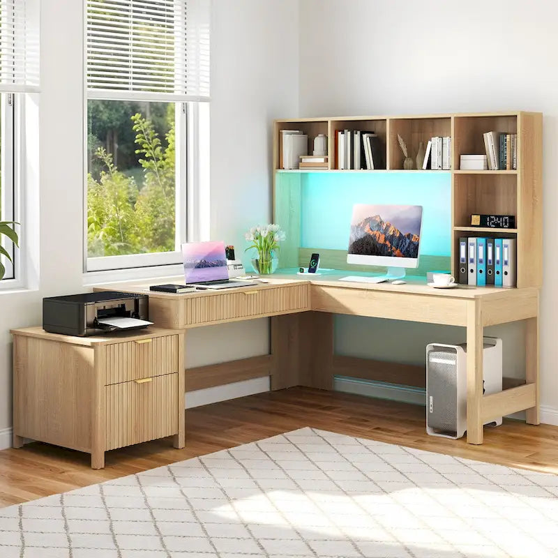 Bureau d'ordinateur en L avec étagère supérieure et tiroirs Bureau à domicile avec lumière LED et prises de courant