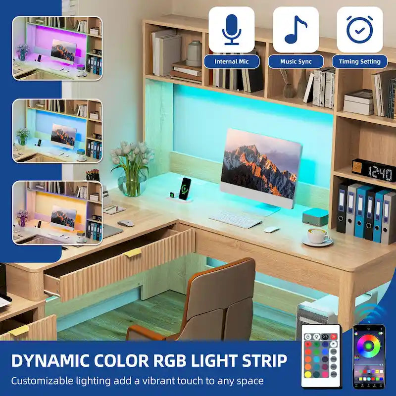 Bureau d'ordinateur en L avec étagère supérieure et tiroirs Bureau à domicile avec lumière LED et prises de courant
