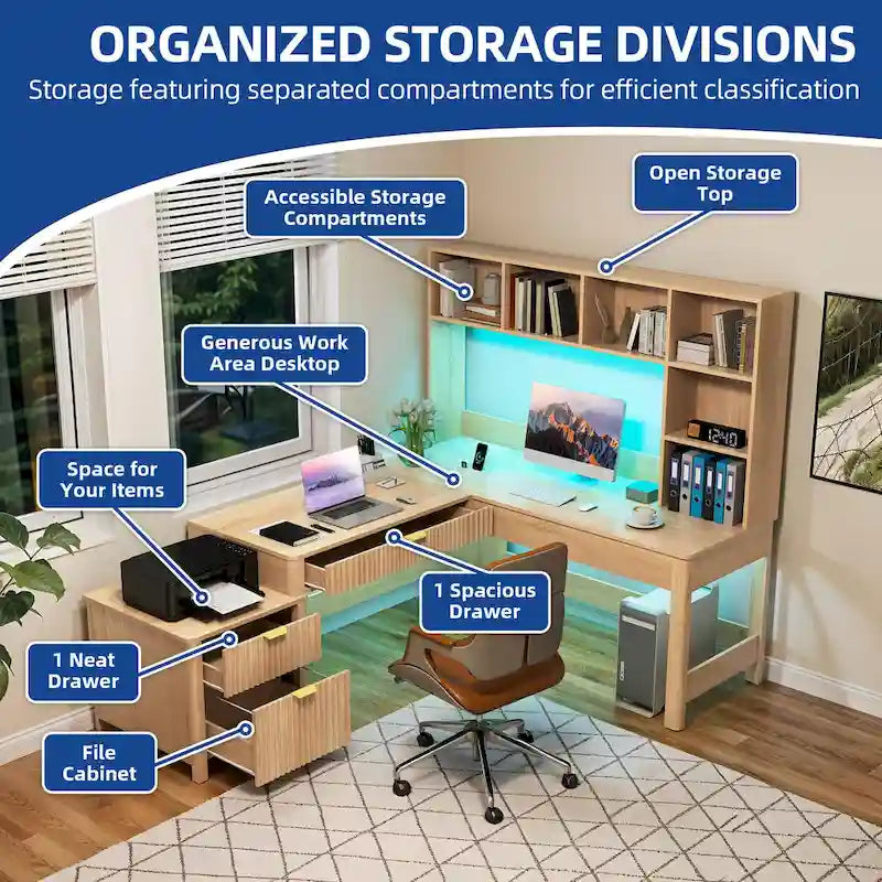 Bureau d'ordinateur en L avec étagère supérieure et tiroirs Bureau à domicile avec lumière LED et prises de courant