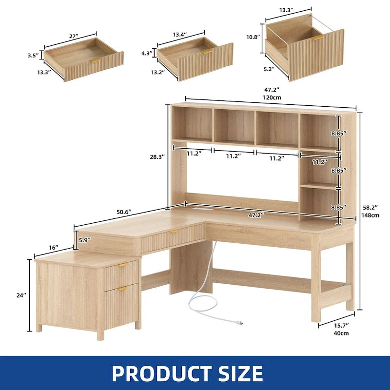 Bureau d'ordinateur en L avec étagère supérieure et tiroirs Bureau à domicile avec lumière LED et prises de courant