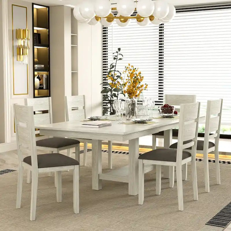 Ensemble table à manger et 6 chaises, table à manger rectangulaire extensible en bois massif épaissi et 6 chaises de salle à manger en bois massif