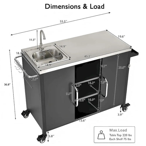 Îlot de cuisine extérieur en métal de 55,5 pouces avec évier en acier inoxydable 304 et 4 roues verrouillables