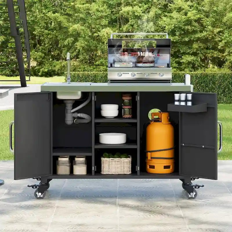 Îlot de cuisine extérieur en métal de 55,5 pouces avec évier en acier inoxydable 304 et 4 roues verrouillables