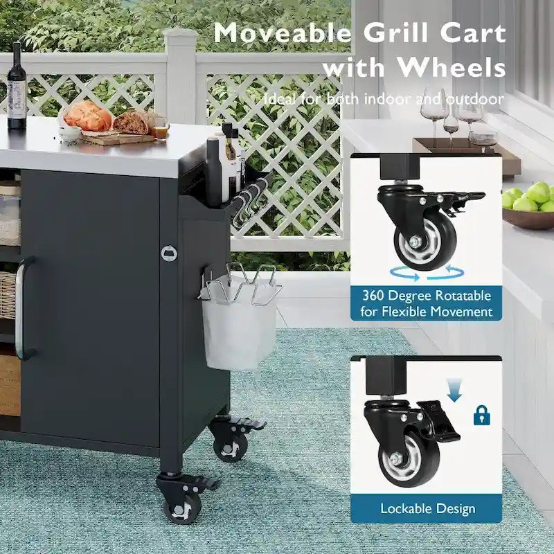 Îlot de cuisine extérieur en métal de 55,5 pouces avec évier en acier inoxydable 304 et 4 roues verrouillables