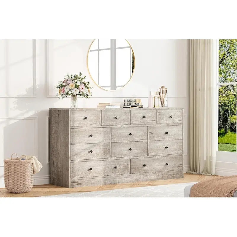 Commode à 12 tiroirs pour chambre à coucher, commode en bois de 155 cm avec prise de courant