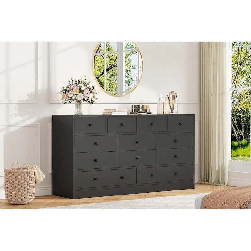 Commode à 12 tiroirs pour chambre à coucher, commode en bois de 155 cm avec prise de courant