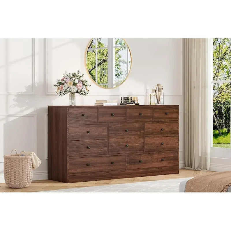 Commode à 12 tiroirs pour chambre à coucher, commode en bois de 155 cm avec prise de courant