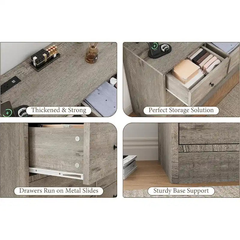 Commode à 12 tiroirs pour chambre à coucher, commode en bois de 155 cm avec prise de courant