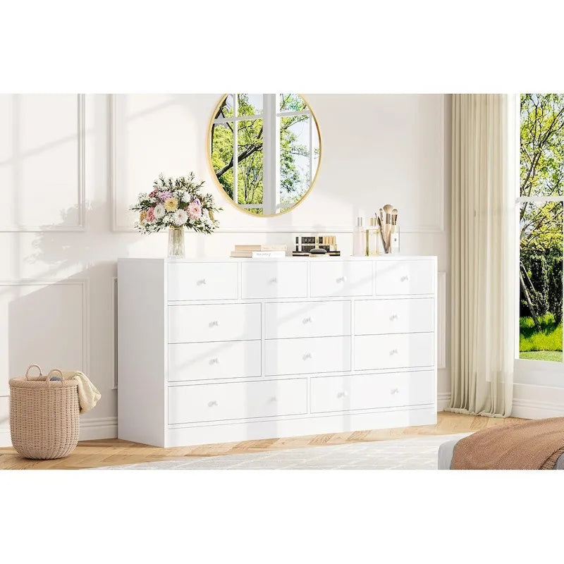 Commode à 12 tiroirs pour chambre à coucher, commode en bois de 155 cm avec prise de courant
