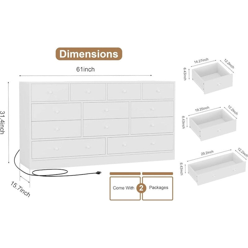Commode à 12 tiroirs pour chambre à coucher, commode en bois de 155 cm avec prise de courant