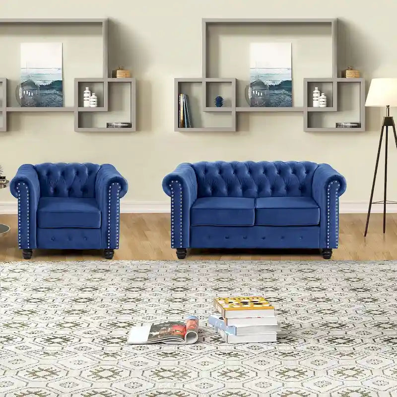 Fauteuil club et causeuse Chesterfield 2 pièces classiques rembourrés en velours touffeté avec clous de tapissier pour le salon