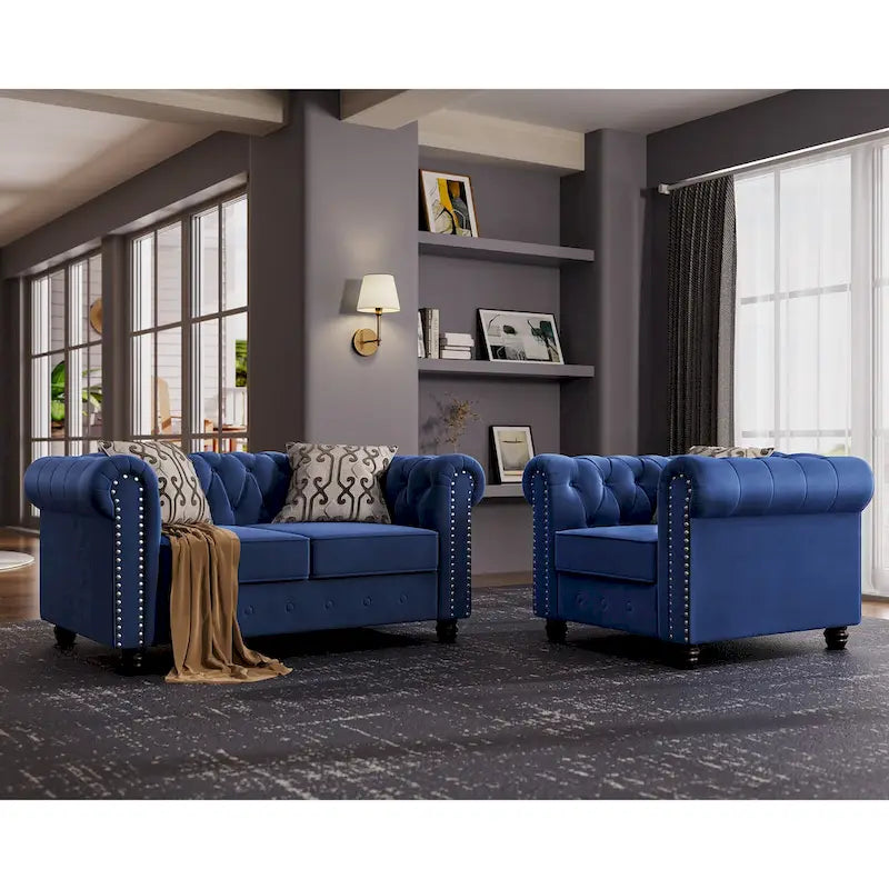 Fauteuil club et causeuse Chesterfield 2 pièces classiques rembourrés en velours touffeté avec clous de tapissier pour le salon