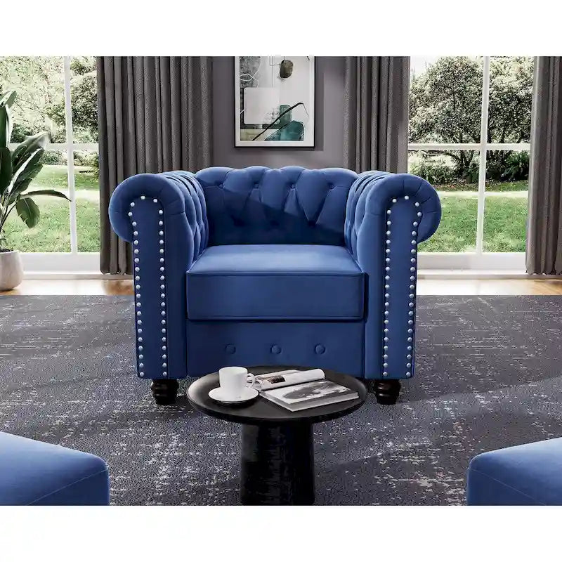 Fauteuil club et causeuse Chesterfield 2 pièces classiques rembourrés en velours touffeté avec clous de tapissier pour le salon
