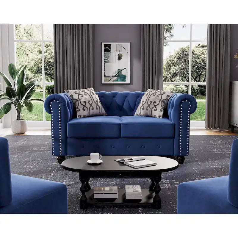 Fauteuil club et causeuse Chesterfield 2 pièces classiques rembourrés en velours touffeté avec clous de tapissier pour le salon