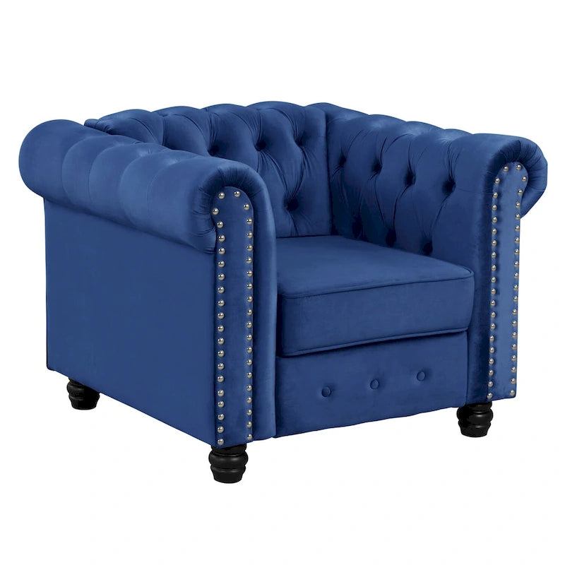 Fauteuil club et causeuse Chesterfield 2 pièces classiques rembourrés en velours touffeté avec clous de tapissier pour le salon