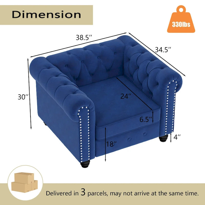 Fauteuil club et causeuse Chesterfield 2 pièces classiques rembourrés en velours touffeté avec clous de tapissier pour le salon