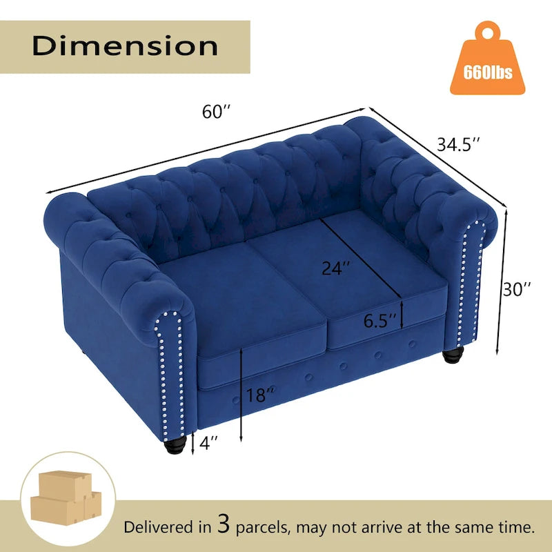 Fauteuil club et causeuse Chesterfield 2 pièces classiques rembourrés en velours touffeté avec clous de tapissier pour le salon