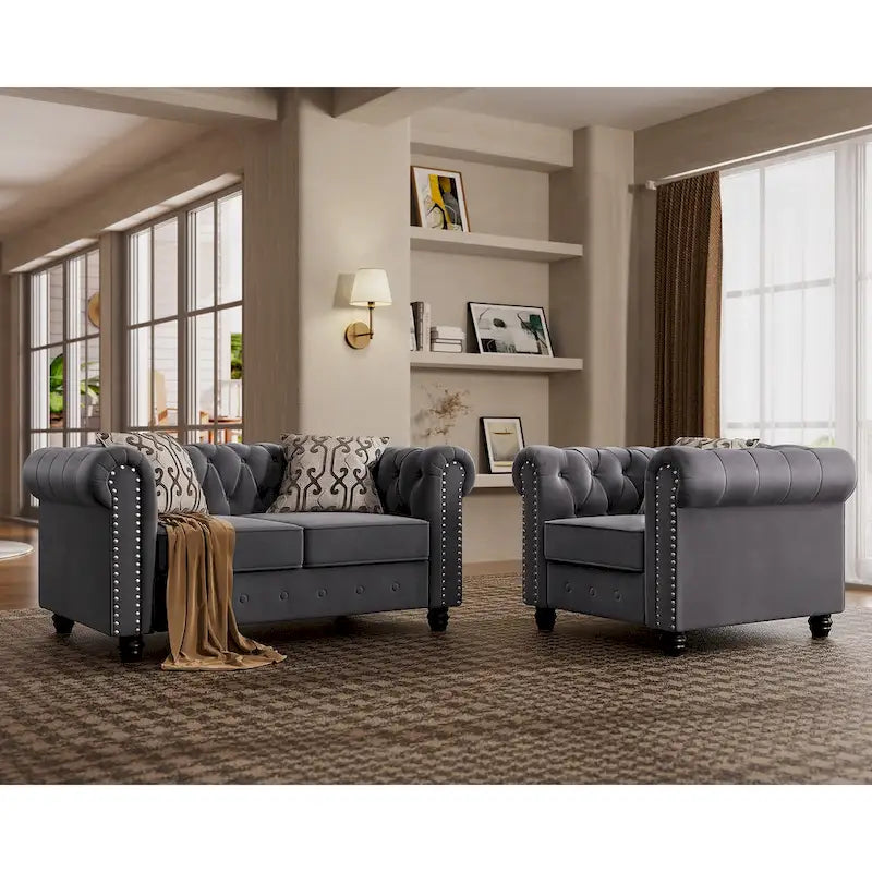 Fauteuil club et causeuse Chesterfield 2 pièces classiques rembourrés en velours touffeté avec clous de tapissier pour le salon