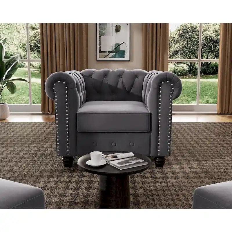 Fauteuil club et causeuse Chesterfield 2 pièces classiques rembourrés en velours touffeté avec clous de tapissier pour le salon