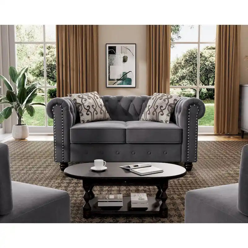 Fauteuil club et causeuse Chesterfield 2 pièces classiques rembourrés en velours touffeté avec clous de tapissier pour le salon