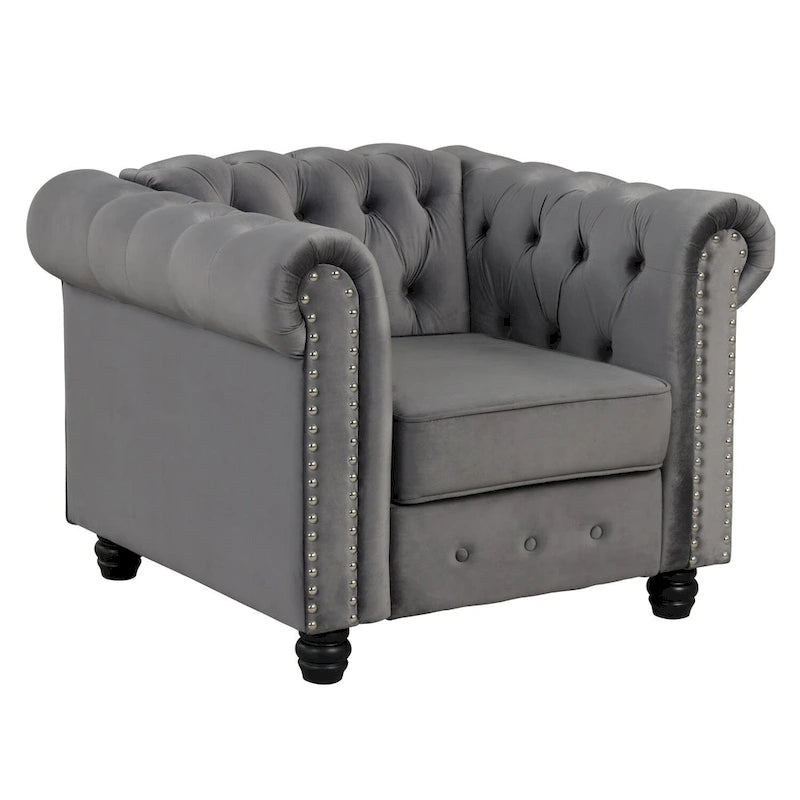 Fauteuil club et causeuse Chesterfield 2 pièces classiques rembourrés en velours touffeté avec clous de tapissier pour le salon