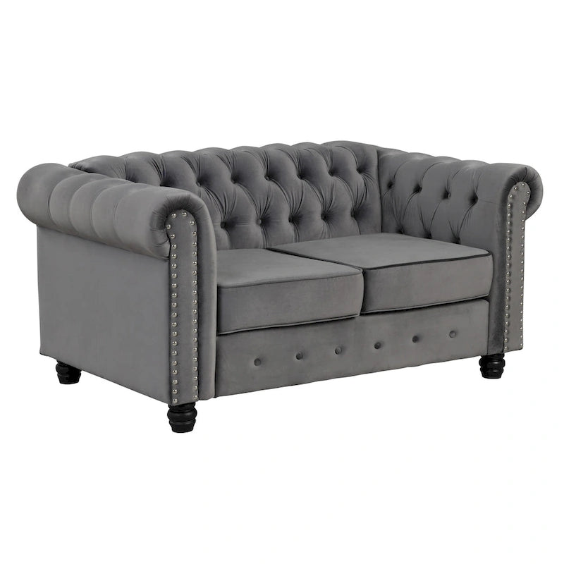 Fauteuil club et causeuse Chesterfield 2 pièces classiques rembourrés en velours touffeté avec clous de tapissier pour le salon