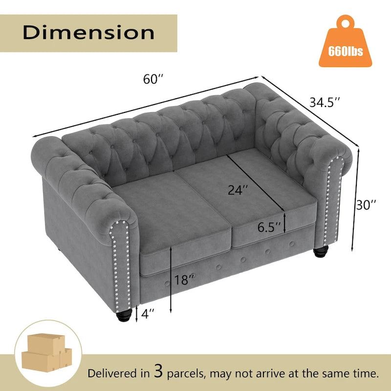 Fauteuil club et causeuse Chesterfield 2 pièces classiques rembourrés en velours touffeté avec clous de tapissier pour le salon