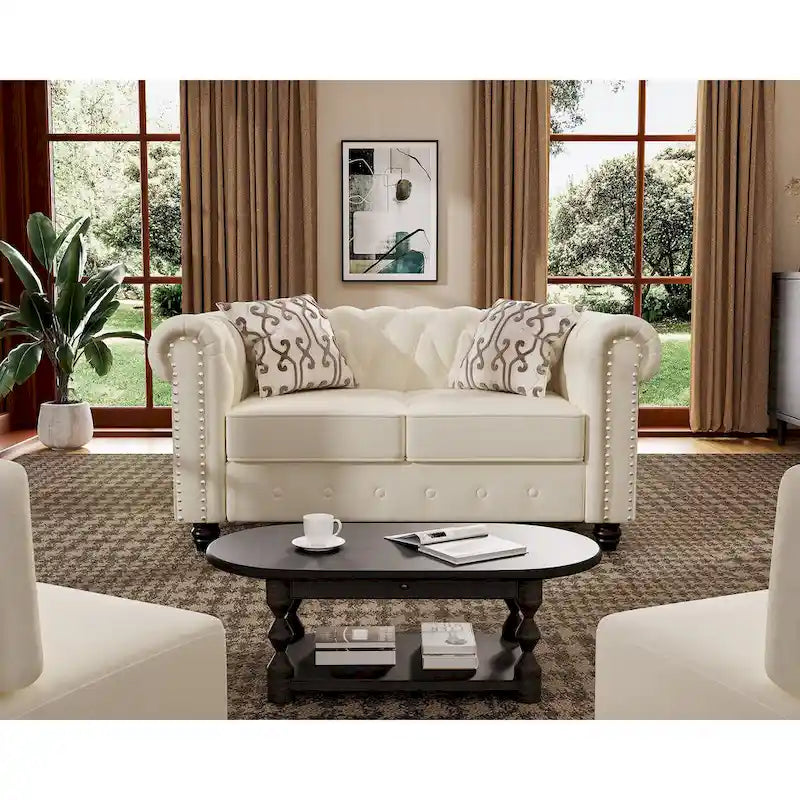 Fauteuil club et causeuse Chesterfield 2 pièces classiques rembourrés en velours touffeté avec clous de tapissier pour le salon
