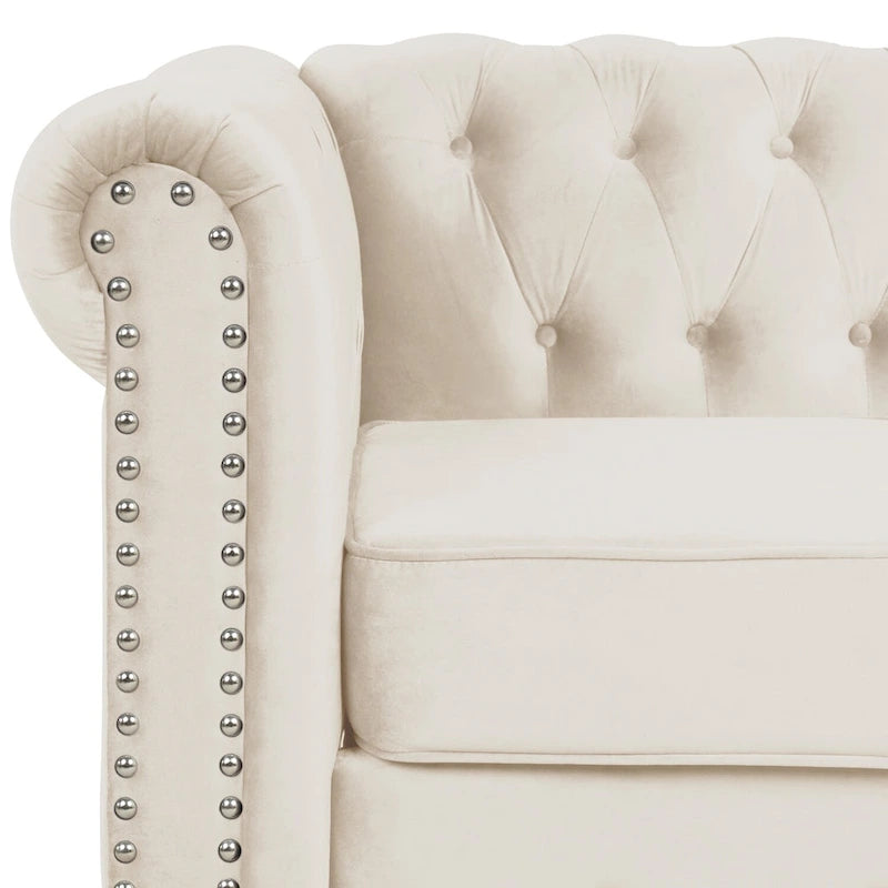 Fauteuil club et causeuse Chesterfield 2 pièces classiques rembourrés en velours touffeté avec clous de tapissier pour le salon