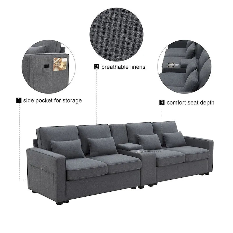 Canapé rembourré de 114,2 po avec console, 2 porte-gobelets et 2 ports USB (chargement avec ou sans fil)