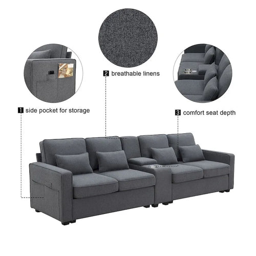 Canapé rembourré de 114,2 po avec console, 2 porte-gobelets et 2 ports USB (chargement avec ou sans fil)