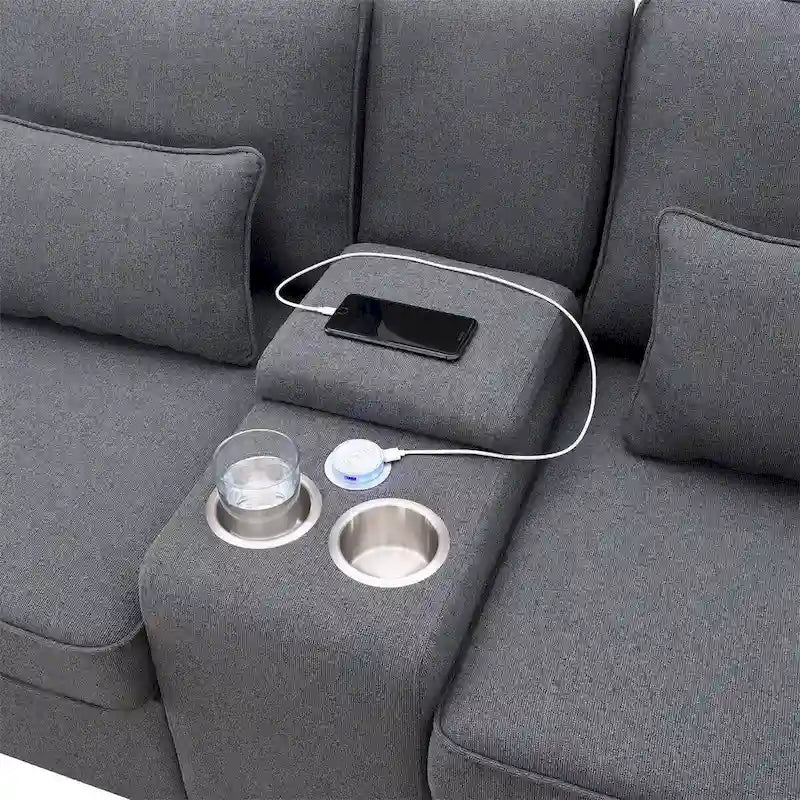 Canapé rembourré de 114,2 po avec console, 2 porte-gobelets et 2 ports USB (chargement avec ou sans fil)