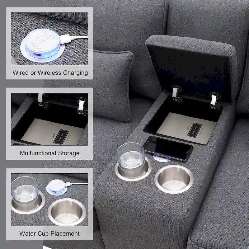 Canapé rembourré de 114,2 po avec console, 2 porte-gobelets et 2 ports USB (chargement avec ou sans fil)