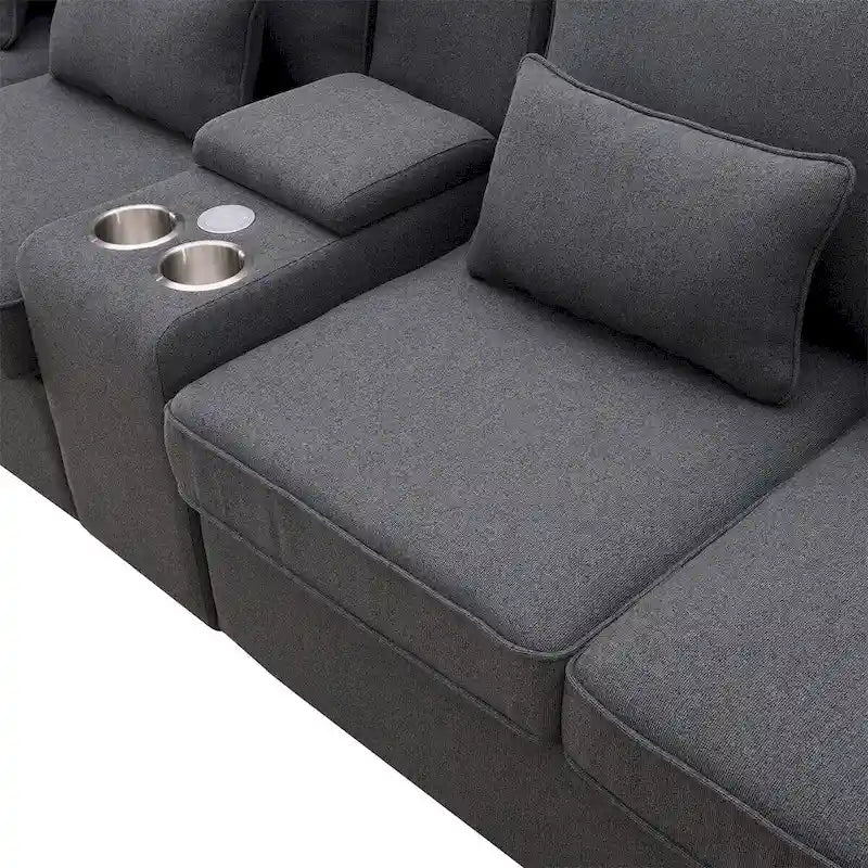 Canapé rembourré de 114,2 po avec console, 2 porte-gobelets et 2 ports USB (chargement avec ou sans fil)